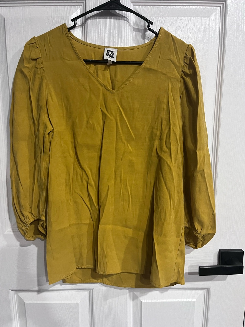 Anne Klein Women’s Medium Mustard V-Neck Puff Sleeve Blouse